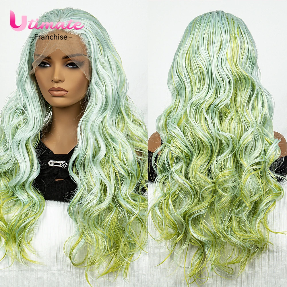 Ombre Green Wig 30 Inch Synthetic Lace Front Wig for Women Cosplay Wavy Gradient Colored Wigs Female Party Dress