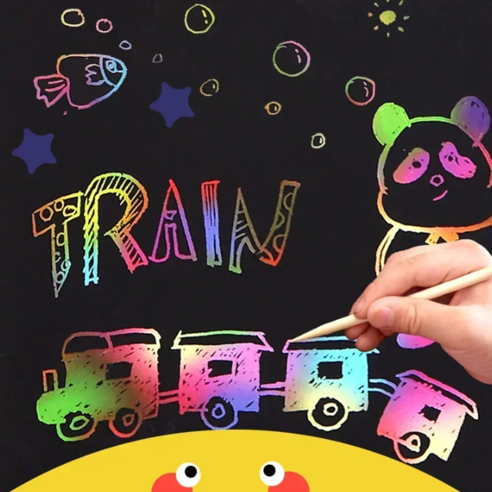 NEW DIY Rainbow Art Paper Rainbow Scratch Paper Children's Art Book Black Card Scratch Book with Wood Stick Kids Drawing Toys