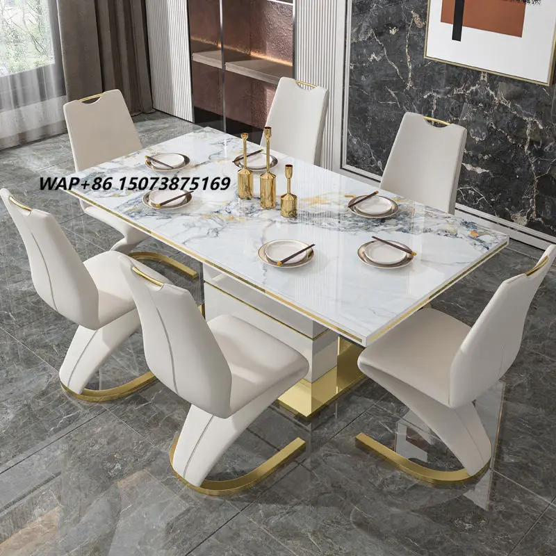 ModHomi White Luxury Marble Dining Table Set 6 Chairs Sintered Stone Top with Gold Stainless Steel Base Dining Room Furniture