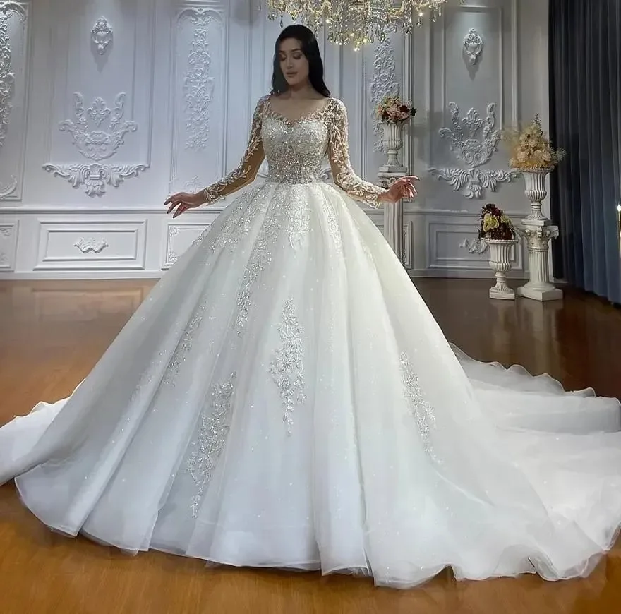 Vestido De Novia De manga larga con cuello De ilusión, traje De Novia con apliques De encaje y cuentas, gran oferta, 2024