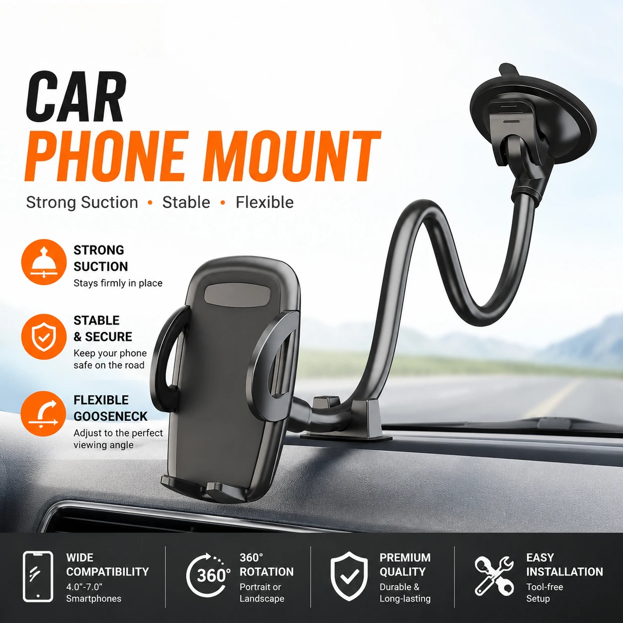 Solid Car Truck Phone Mount Holder with 11.8-Inch Gooseneck Long Arm Anti-Shake Stabilizer Compatible All Cell Phones IPhone