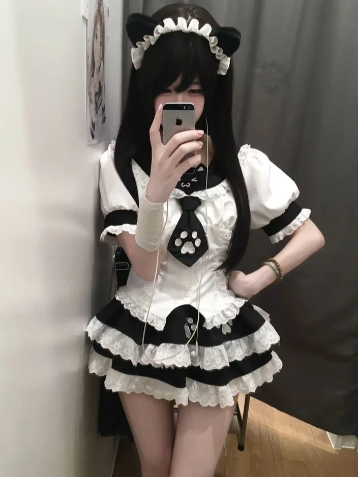 Zomer Nieuwe Bla Witte Kleur Colion Bubble Sve irt En Hoge Taille Gezwollen Rok Tweedelige Set College Sle orm JK...