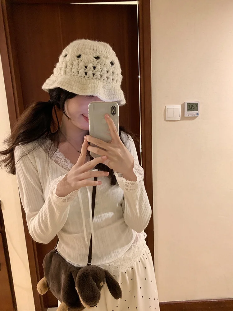 Dongda Gate dentelle v-ne tricoté Base irt femmes longue Sve noeud taille coupe ajustée doux au toucher décontracté Sle haut