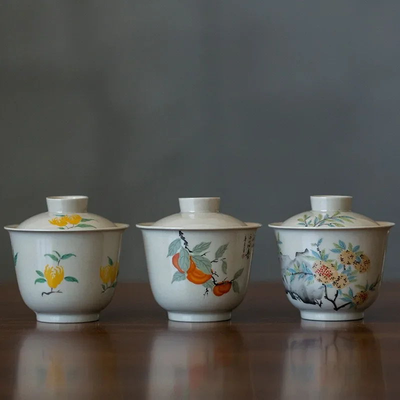 Retro Grass and Wood Ash Ercai Cover Bowl Jingdezhen Household Tea Ceremony Accessories Hand Grab Tea Bowl Not Hot KungFu TeaSet