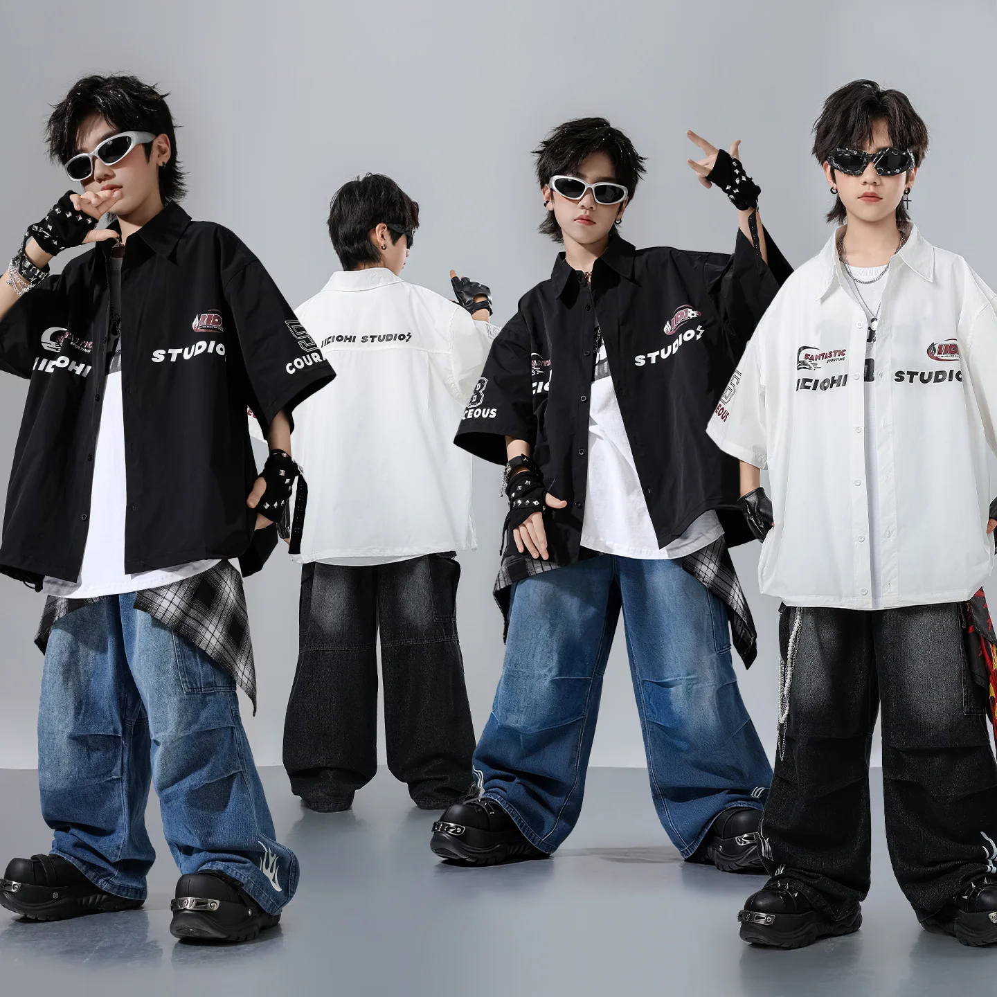 

Children Boys Girls Streetwear Hip Hop Short Sleeve Shirt Denim Jeans Pants Sets Kids Tracksuits Costume Performance Clothes