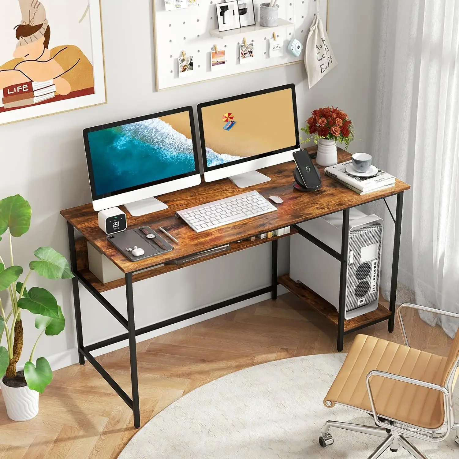 Home Office Desk with Built in Charging Station with Switch, Computer Workstation Writing Study Desk with Storage Shelf