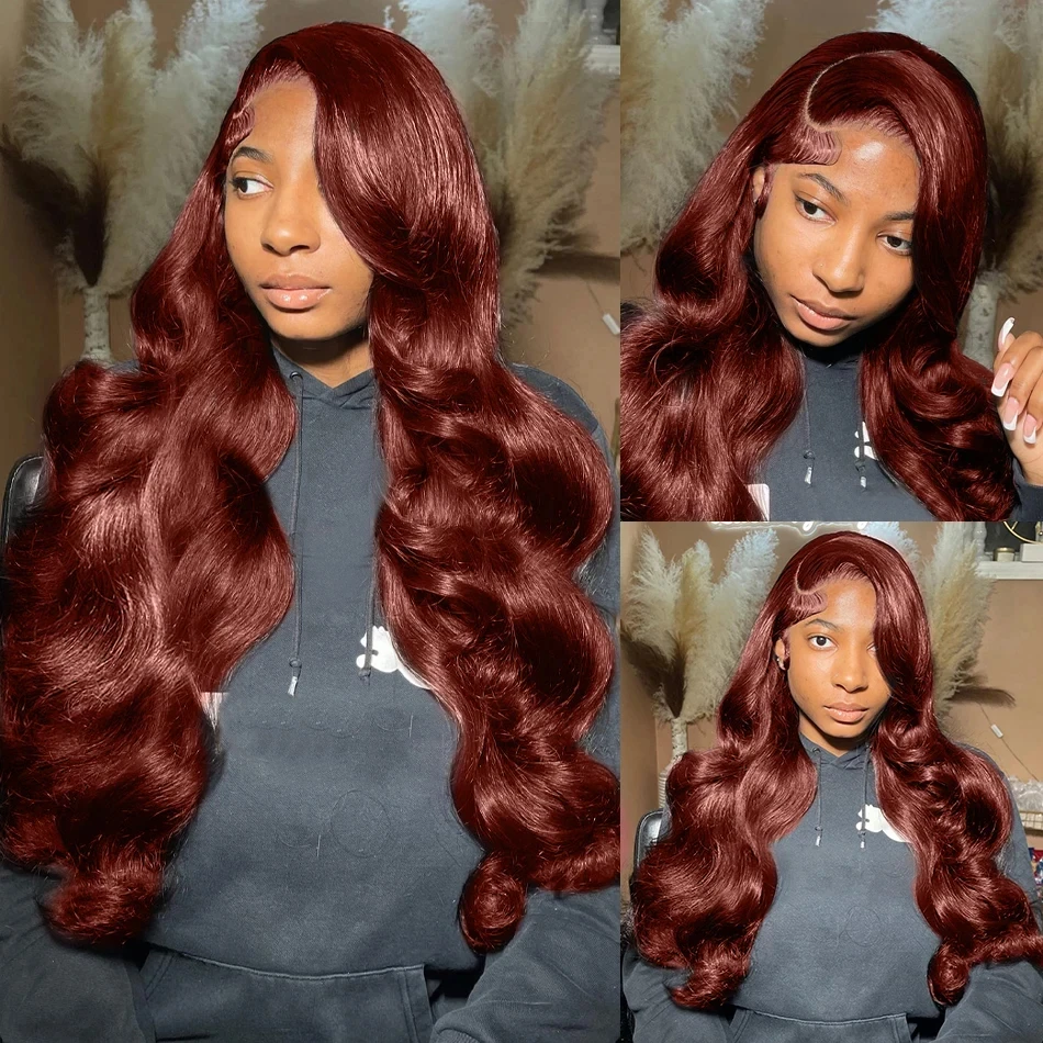 Reddish Brown Body Wave 13x4 Lace Front Human Hair Wig Brazilian Dark Red Colored 13x6 HD Transparent Lace Frontal Wig For Women