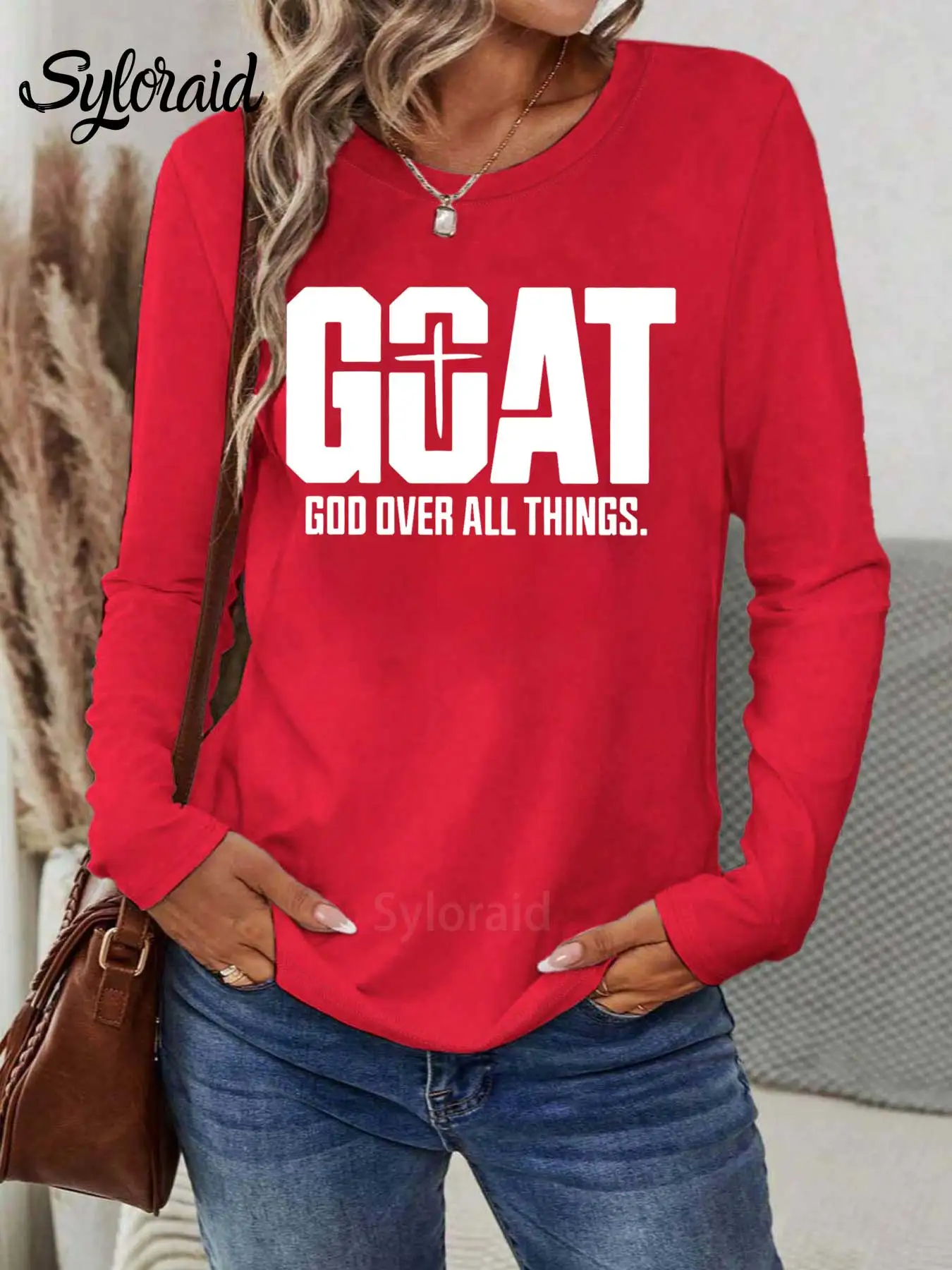 Dames T-shirt met lange mouwen GEIT God over alle dingen T-shirt Christelijk religieus shirt Mode ronde hals Casual top