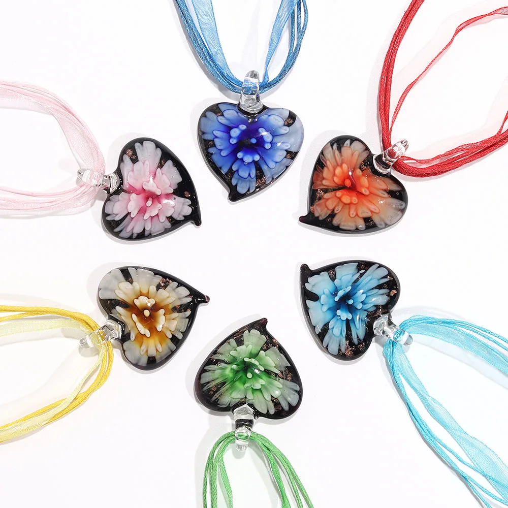 Fashion Wholesale lots 6pcs Handmade Murano Lampwork Glass Mixed Color Inside Beauty Flower Pendants Silk Cords Necklace New