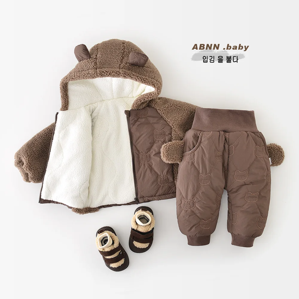 2025 Winter New Baby Plus Velvet Thick Clothes Set Girls Fleece Hooded Coat + Warm Pants 2pcs Suit Cotton Toddler Outfits