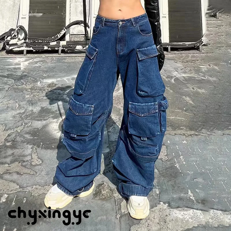 Multi-Pocket Blue Washed Cargo Pants Y2k Retro High Street Fashion High Waist Jeans Couple Harajuku Simple Casual Wide Leg Pants