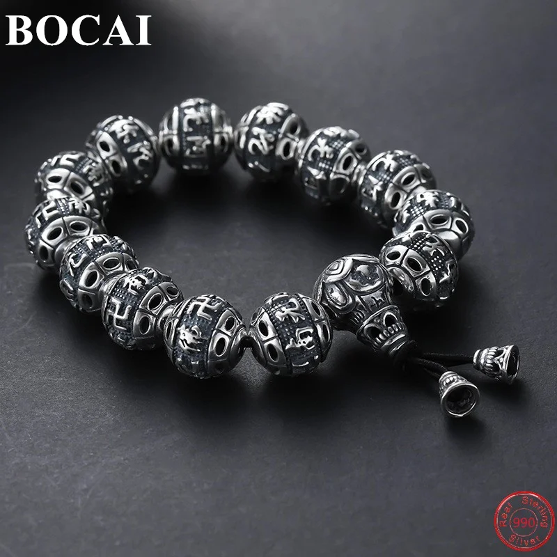 

BOCAI S990 Sterling Silver Bracelet for Men Women New Fashion Namo Amitabha Buddha Peace Totem Argentum Beads Hand String Amulet