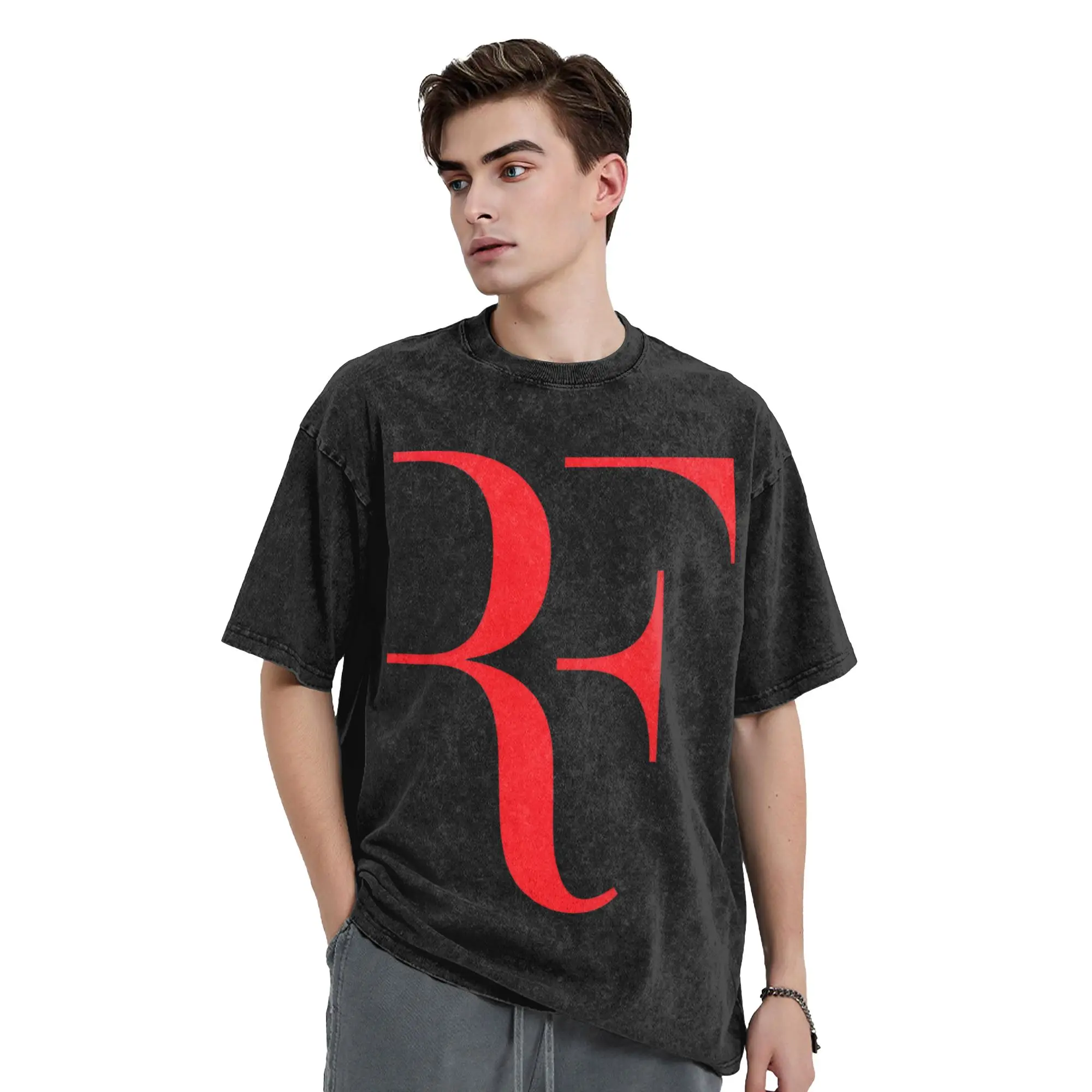 Oversized Washed T-Shirt Team Roger Federer Logo Loose T-Shirts  Hipster Tshirt for Men Summer Aesthetic Casual Top Tees