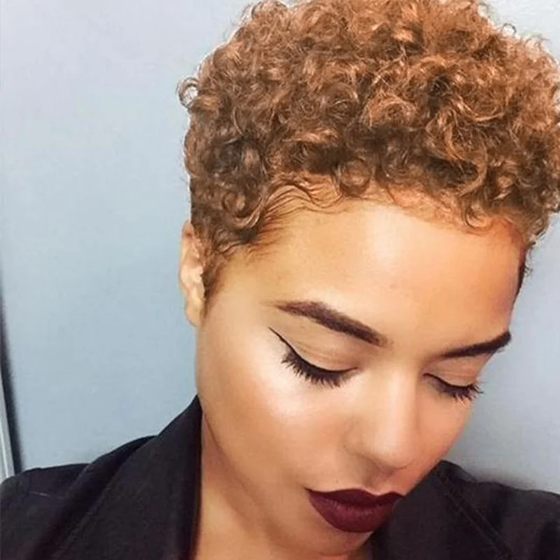짧은 곱슬머리 픽시컷 밥 가발 여성용 전체 기계식 인모 가발