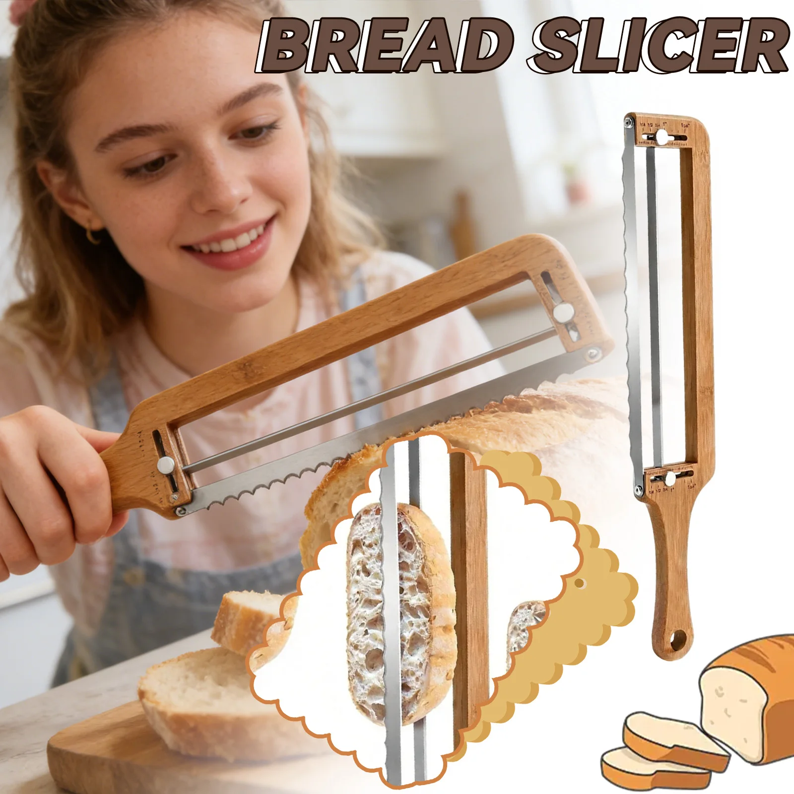 

Деревянная регулируемая хлеборезка с зубчатым ножом и направляющей для нарезки, кухонный инструмент для выпечки, принадлежности для домашнего хлеба, тренд 2026 года
