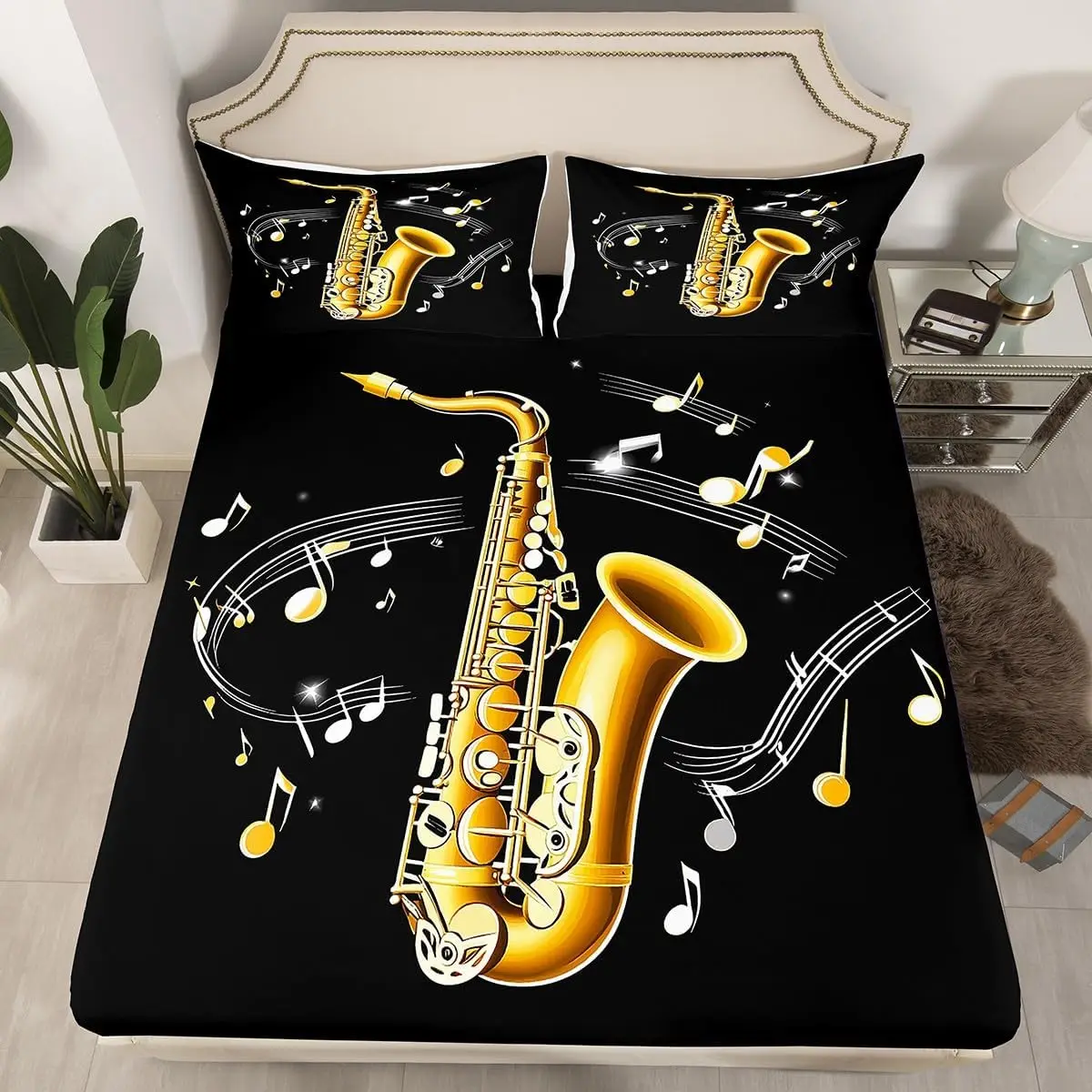 Saxophone Bed Sheets Set Queen Twin Jazz Music Theme Sheet Set for Boys Girls Musical Instrument Fitted Sheet with Deep Pocket