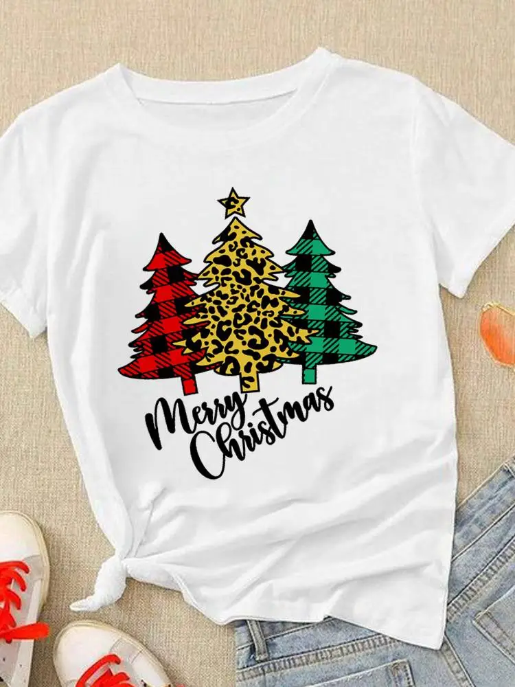 

New Year Printed Christmas Clothing Tee Women Fashion Lady Plaid Tree Trend Cute 90s Lovely Short Sleeve T-Shirts Graphic T Top