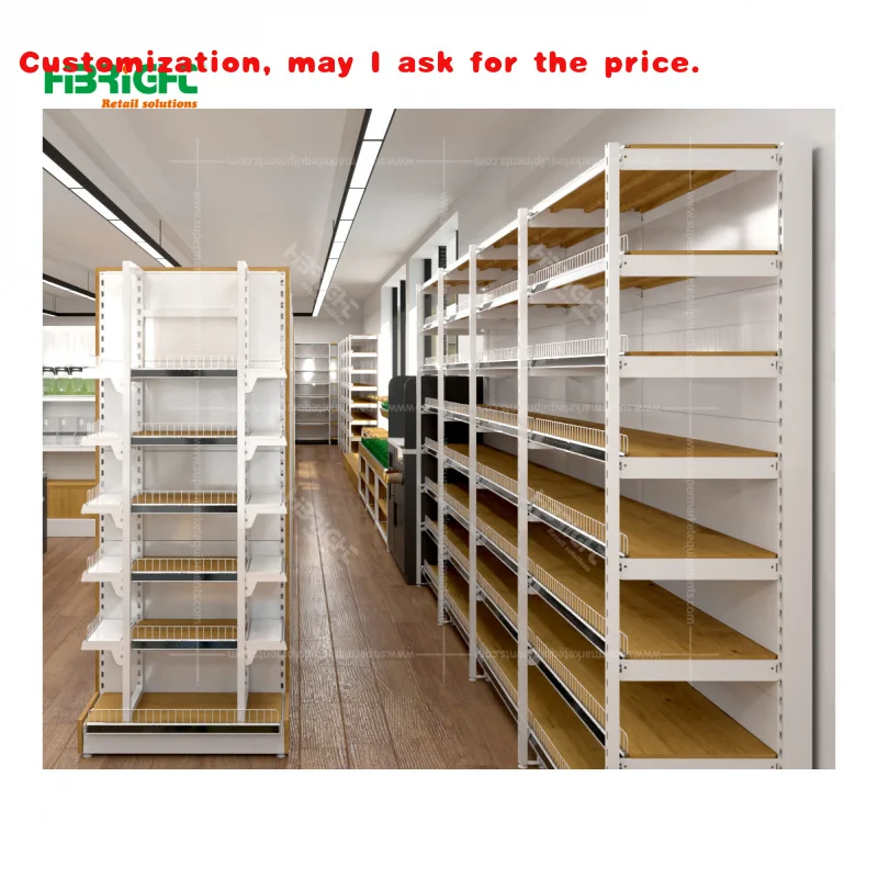 custom.Double-Sided 5-Shelf Display Rack Wine Storage Customizable Heavy-Duty Metallic and Wooden with Double End Cap