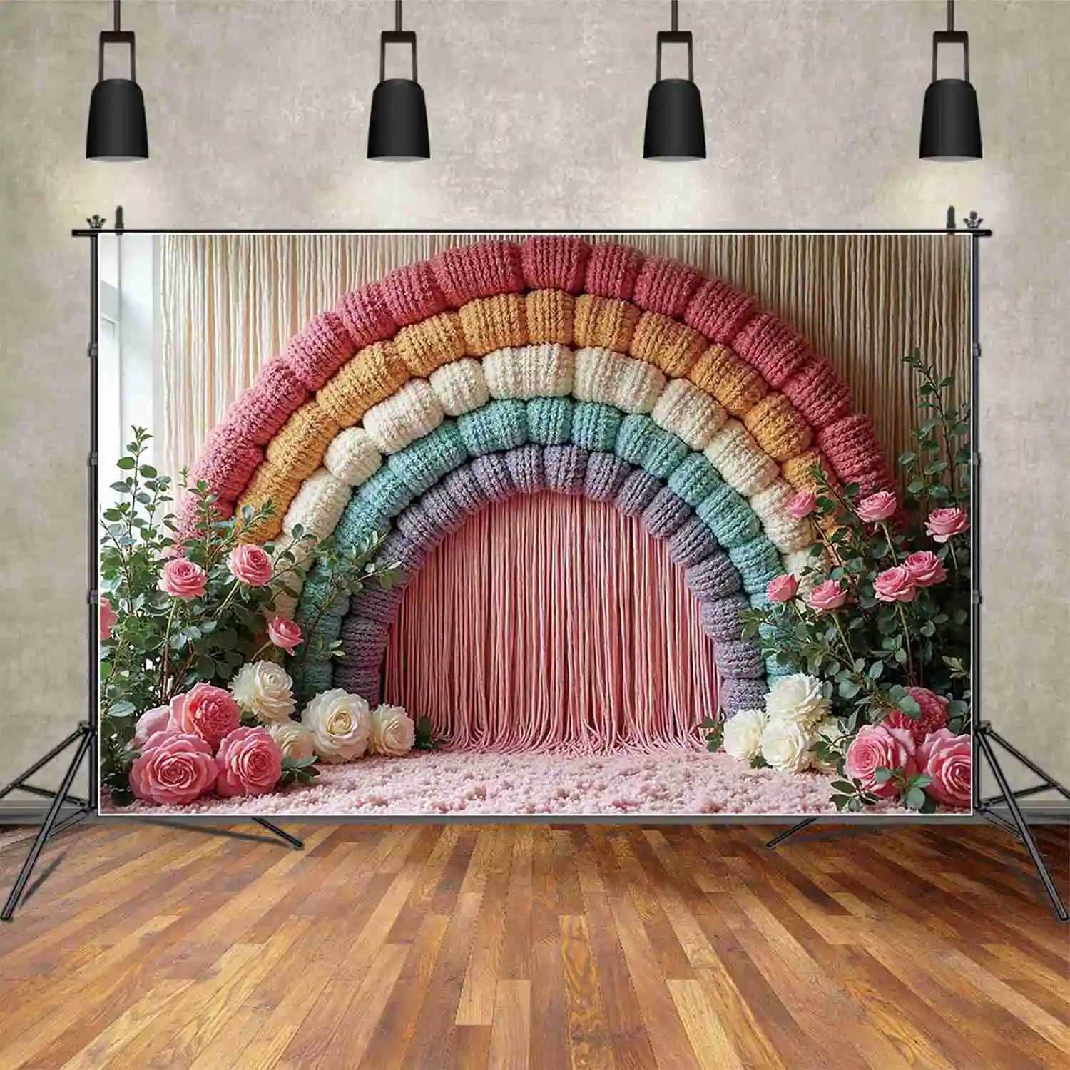 MOON.QG Valentines Rainbow Fabric Photography Background Carpet Floral Arch Heart Photozone Backdrop Child Studio Photobooth