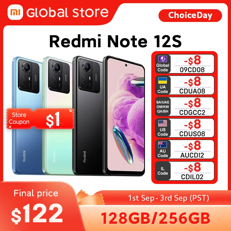 Xiaomi-Redmi Note 12S Versão Global, 128GB, 256GB, Helio G96, Câmera 108MP, 90Hz, Tela AMOLED de 6,43 ", Carregamento Rápido de 33W, 5000mAh