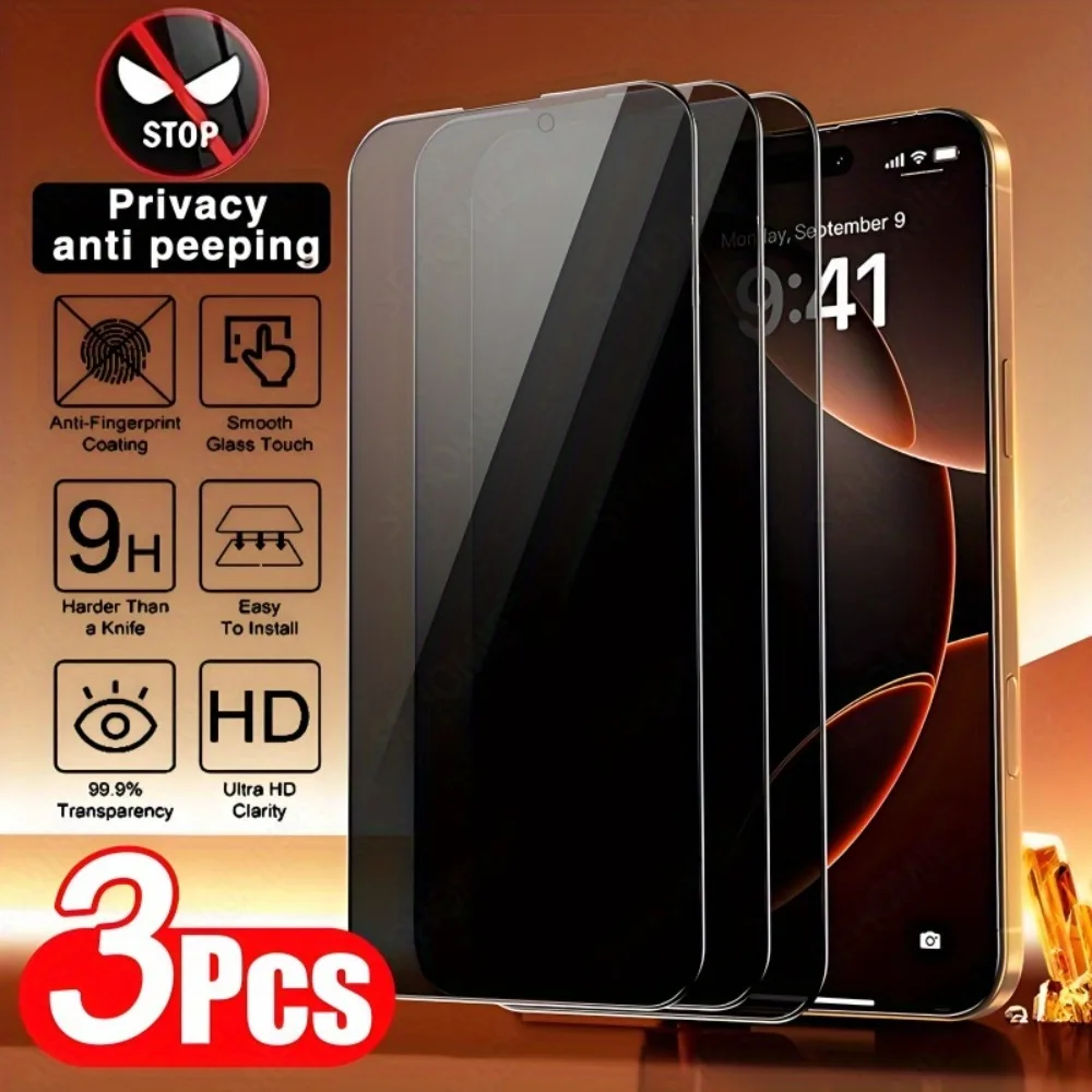 3 Stück Anti-Spion-Displayschutzfolie für iPhone 17 16 15 14 Pro Max 13 12 11 Pro 15 14 Plus 16e X XR XS Max Vollständige Abdeckung aus gehärtetem Glas