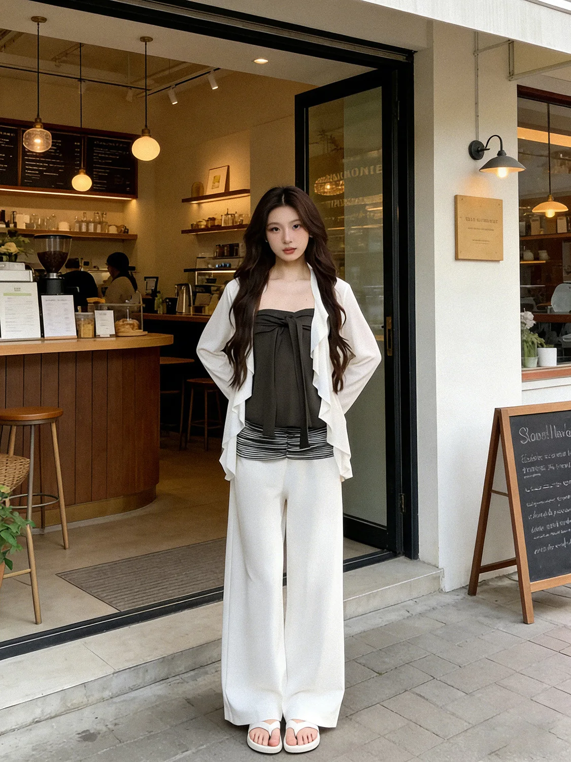 

Loose Fit ey Crop Top And White Oversized Cover up Two Piece Set Women's Early Spring Faion Lazy Sle Clothing Set