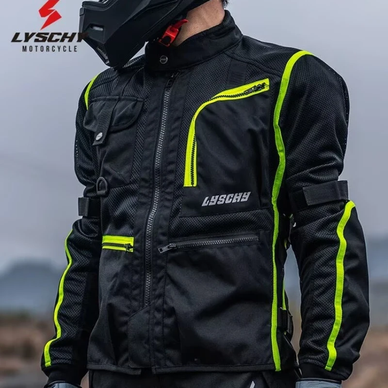 LYSCHY Summer Breathable Mesh Motorcycle Reflective Jacket Men Women Racing Pants with 6pcs Protectors Anti-fall Gear