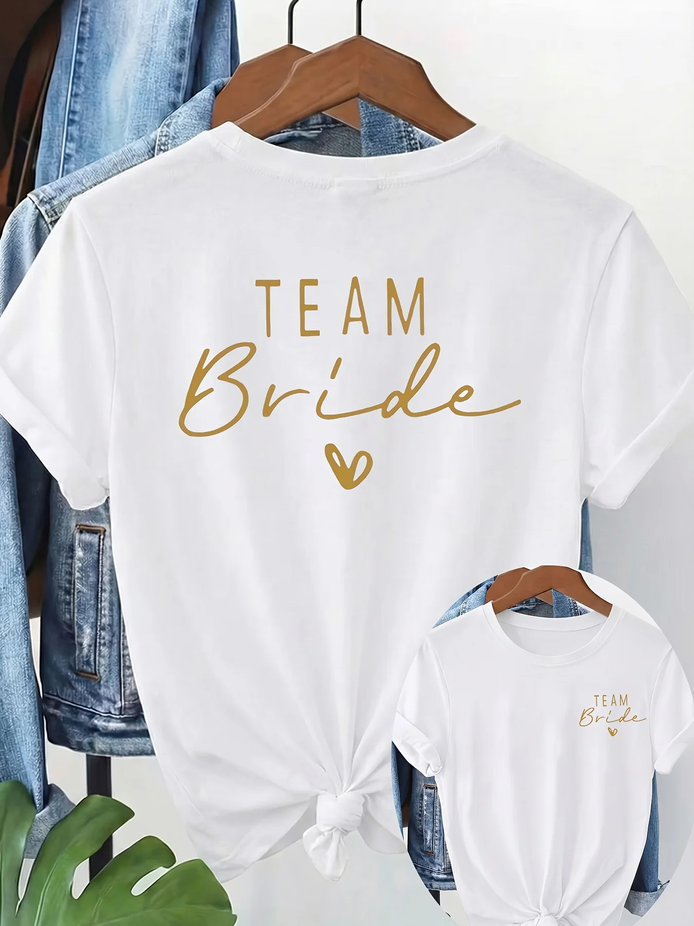 Women's Casual Top with Double-Sided Print Suitable Comfortable Wear TEAM Bride Artistic Font with Small Heart Pattern