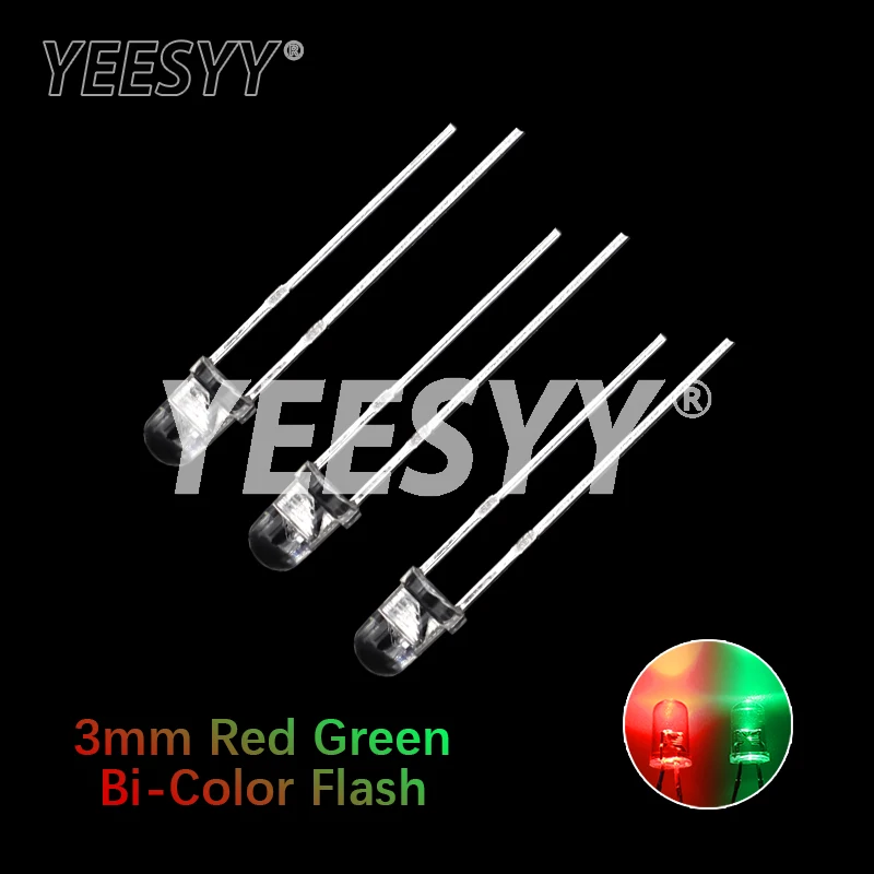 50pcs F3 3mm Flash Red Green Bi-Color Light-Emitting-Diode Automatic Flashing LED Flash Control Blinking 3 mm LED Diode DIY