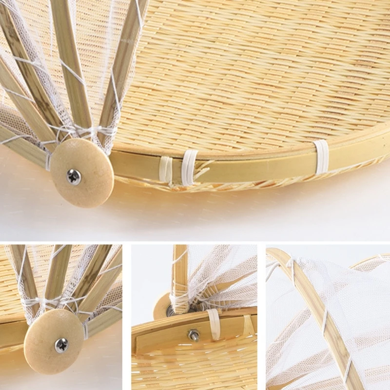 Handmade Bamboo Woven Fruit Vegetable Basket with Mosquito Proof Net Round Dustproof Wicker Tray Bread Dropsale