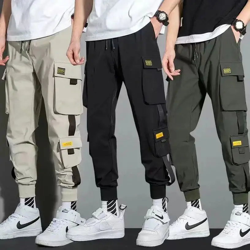 

Slim Fit Men's Casual Harem Jogging Pants Streetwear Style Ribbon Detail Straight Leg Eighteen Pants Youthful Energy Fashion