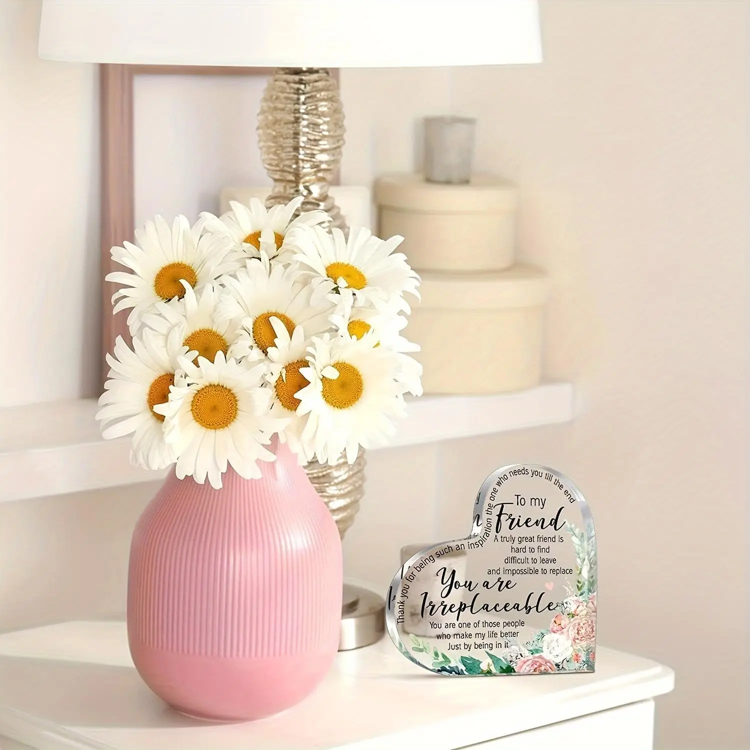 To My Friend You Are Irreplaceable Heart‑Shaped Acrylic Tabletop Plaque, Watercolor Peony Friendship Desk Decor