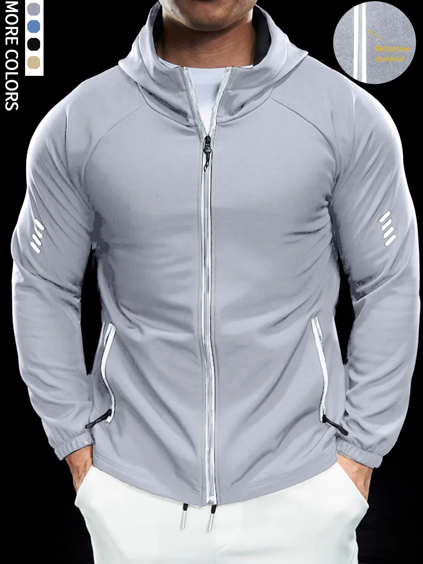 سترة بغطاء للرأس للرجال، مقاومة للماء، سحاب عاكس، رياضي، خارجي، تخييم، متعدد المواسم، يمكن إرسالها إلى صديقك #4