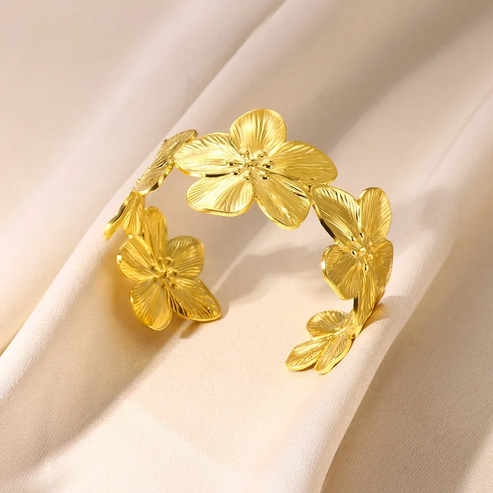 Elegant Flower Shaped Cuff Bracelet Chic Gold Color Wide Face Metal Fashion Bracelet For Women Daily Wear Jewelry image 3