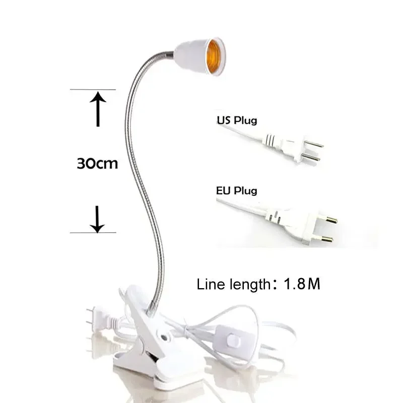 E27 Screw With Switch Lamp Holder EU/US/UK Bedside Clip Lamp Stand Led Grow Lights 20cm Bedroom Eye Protection Lamp Fill Light