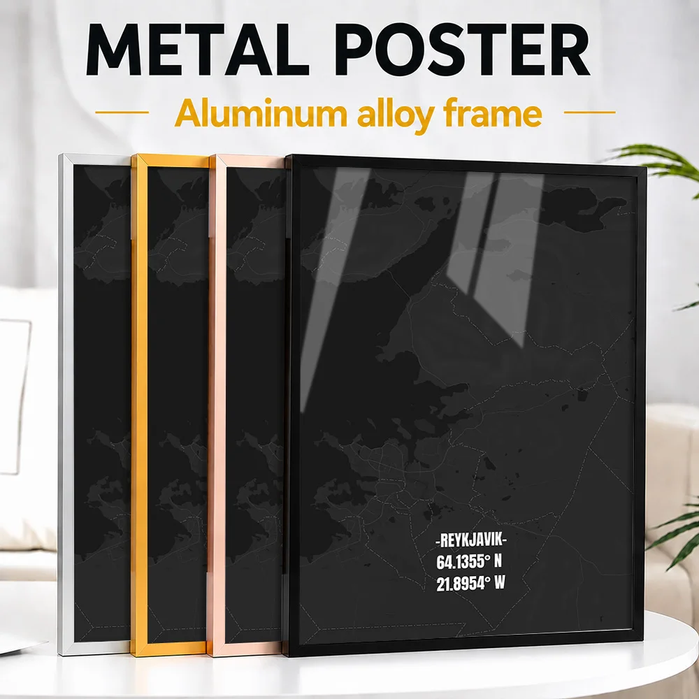 Reykjavik Map Metal Poster With Aluminum Alloy Frame Personalized Photo Clean Line Style Wall Art For Study Memorable City Gift