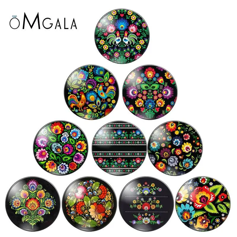 Colorful Black Folk Art Flowers Floral 10pcs mixed 12mm/18mm/20mm/25mm Round photo glass cabochon demo flat back Making findings