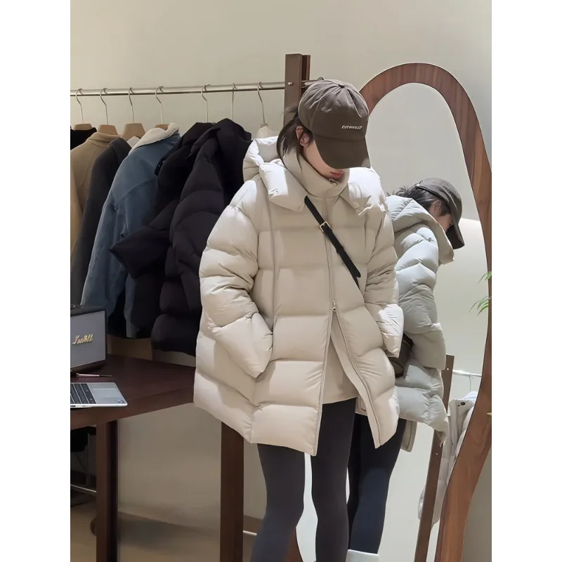 Nieuwe stijl 90% donsverdikte witte eend donsjack, Koreaanse stijl bladerdeegjas voor dames, halflang met capuchon donsjack dames