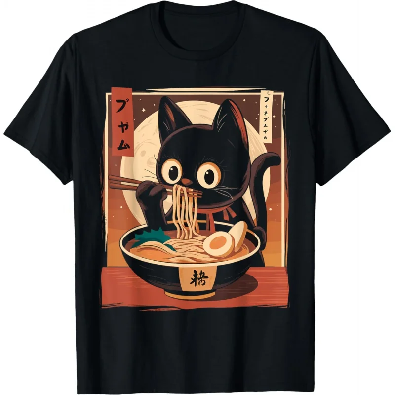 

Kawaii cat eating ramen noodles Anime girls teens graphic T-shirt