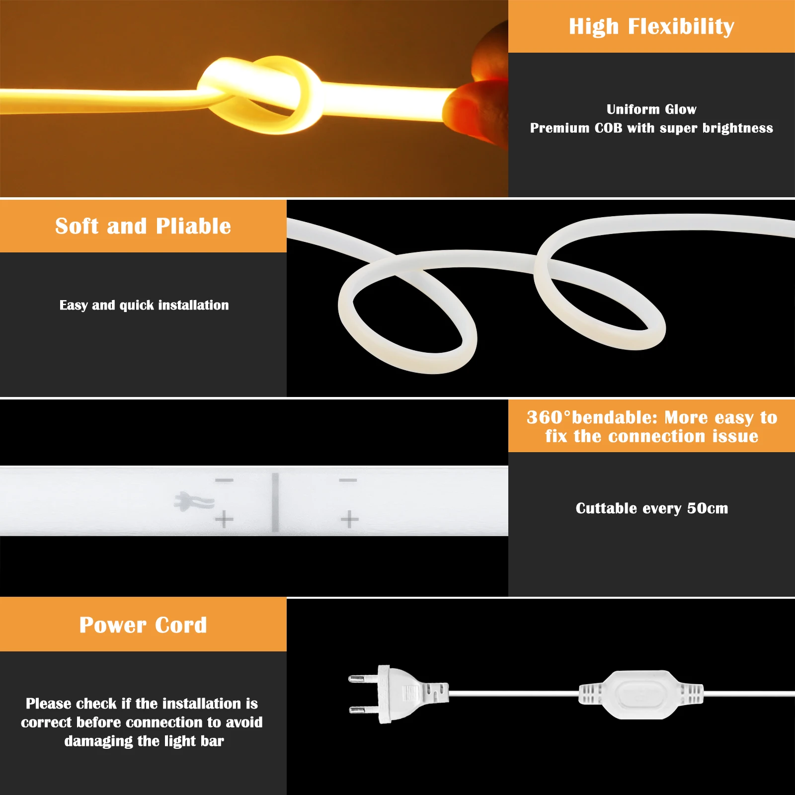 220V COB LED Strip with Power EU Plug 288LEDs/m Flexible Ribbon RA90 IP65 Waterproof Outdoor Garden Light Kitchen Bedroom Decor