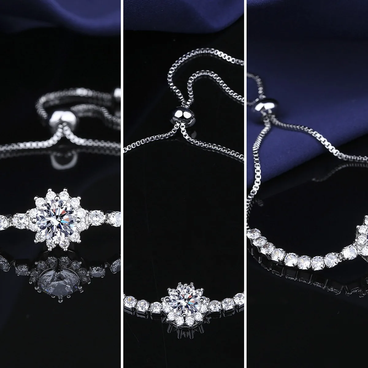 Sunflower-shaped geometric bracelet crafted from electroplated copper in white gold finish featuring delicate gypsophila motifs
