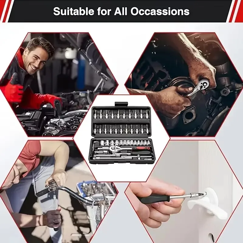 Komplettes 46-teiliges Steckschlüssel-Set aus Chrom-Vanadium mit Ratsche, Verlängerungen und Robustem Koffer für Autoreparatur und Heimgebrauch – Detail 7