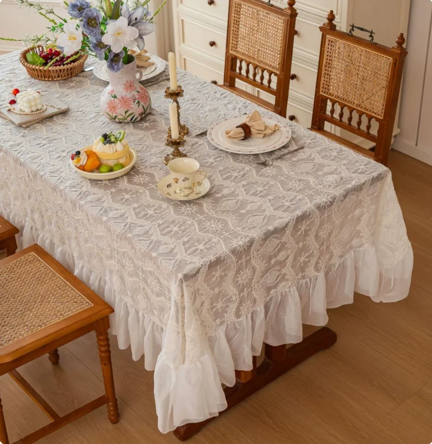 French Vintage Ruffled Tablecloth, Hollow Embroidered Lace Table Cover, Non-slip High-end Home Dining Table Decor
