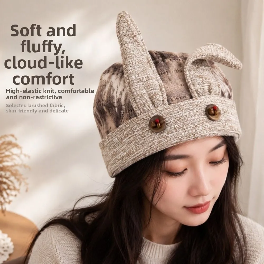 Soft Women Button Rabbit Ears Beanies Thickened Coldproof Ear Warmer Cap Elasticity Breathable Warm Pullover Cap