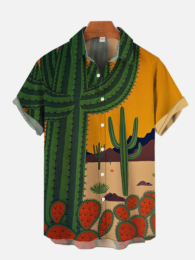 Camiseta estampada de cacto masculina, camisa de praia havaiana, paisagem natural, vintage, moda casual, verão