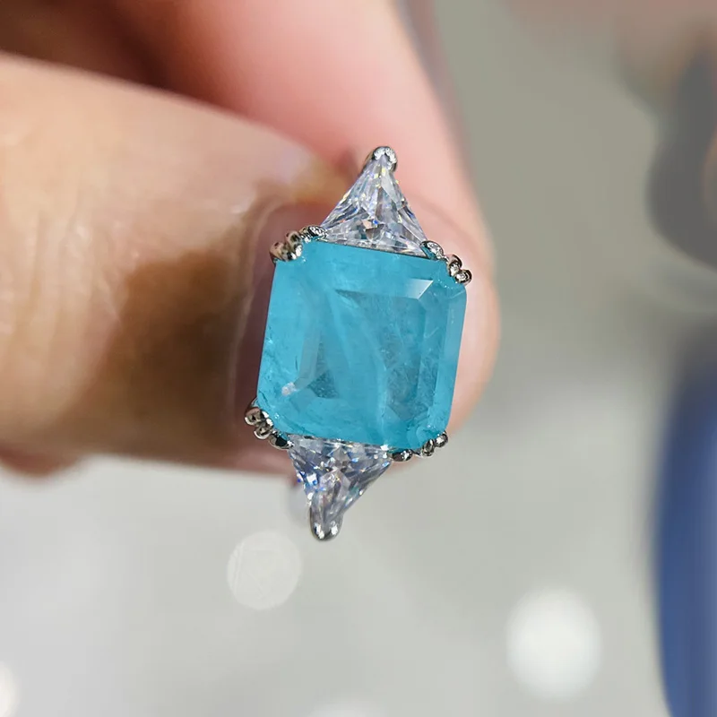925 فضة الزفاف خواتم الاصبع للنساء 9 مللي متر x 9 مللي متر Paraiba الزمرد التورمالين خاتم الأحجار الكريمة حفلة خطوبة مجوهرات
