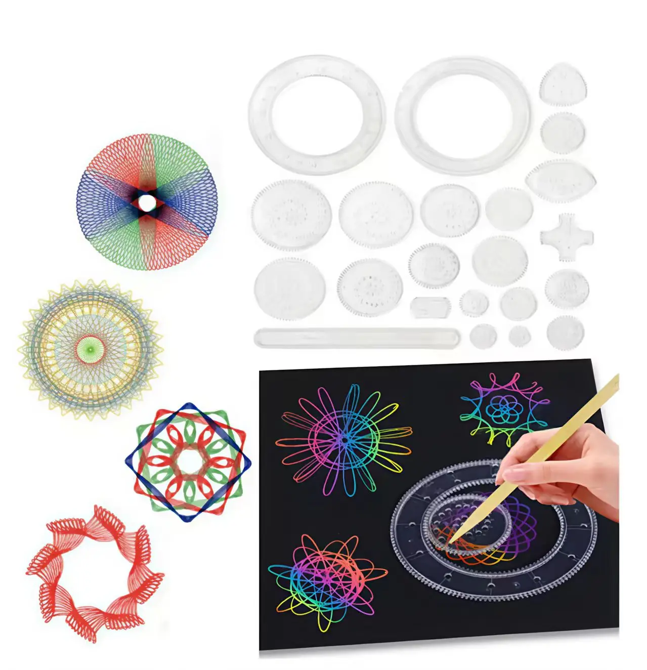 21/22pcs Creative Interlocking Gears ล้อ Spirograph ของเล่นชุด Montessori การศึกษาเรขาคณิตไม้บรรทัดวาดอุปกรณ์เสริม