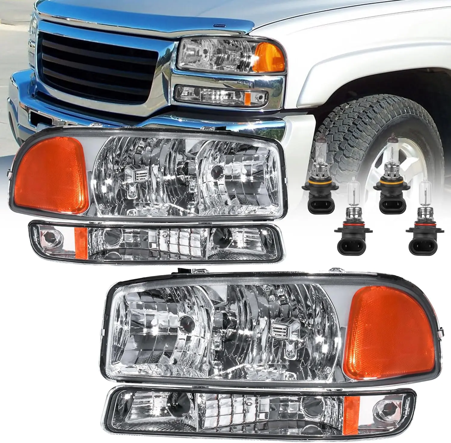 Headlight Assembly Front Lamp Compatible with 1999-2006 GMC Sierra 1500 2500, 2000-2006 GMC Yukon Headlamp w/Bulb Chrome Housing