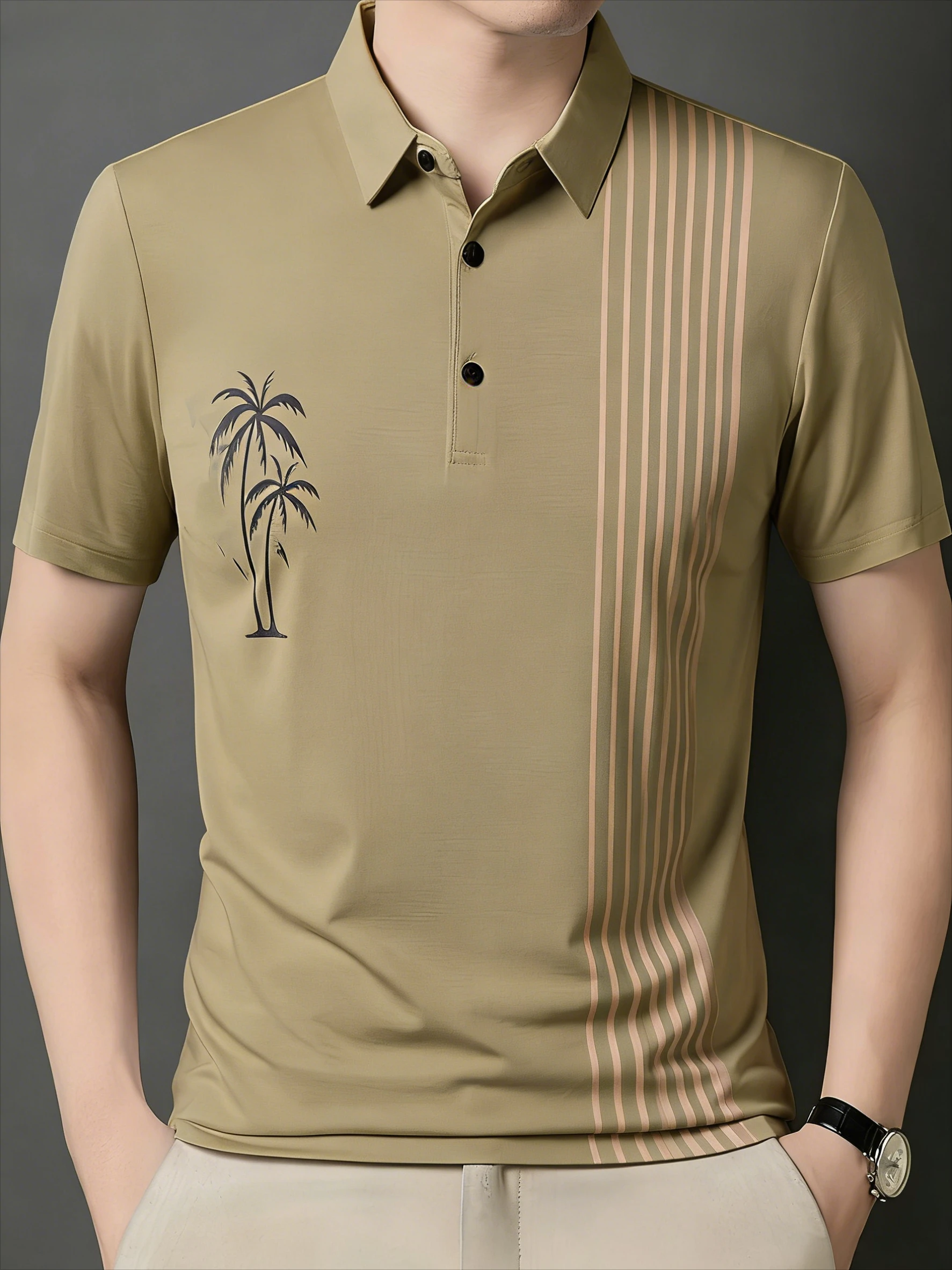 Camisa Polo Masculina Slim de Manga Curta com Estampa de Coqueiro e Listras, Novo Estilo Verão 2026, Presente Masculino