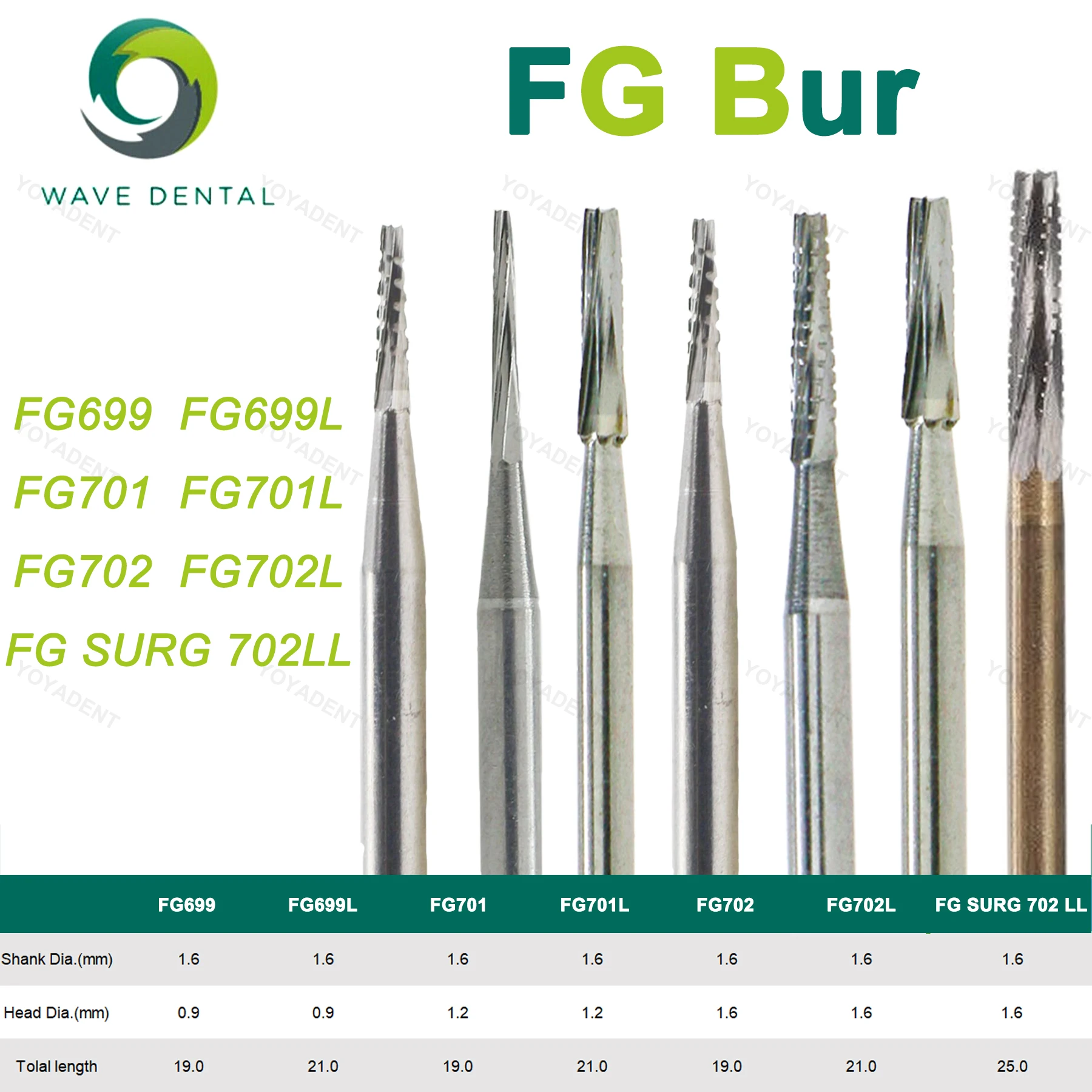 WAVE Dental Tungsten Carbide Burs Dentistry Drill Tapered Fissure Cross Cut Head For High Speed Handpiece Dia.1.6mm Dentist Tool